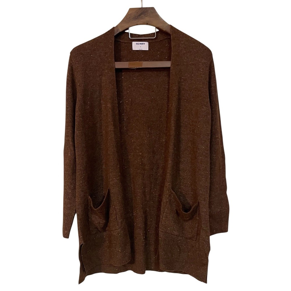 Old Navy Womens Brown Speckled Open Knit Cardigan Patch Pockets Granny Cozy XL